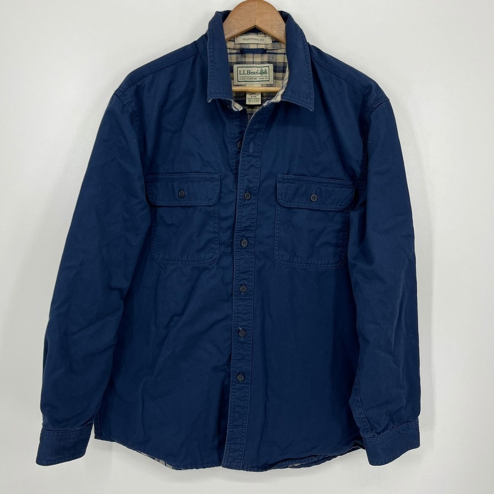 LL Bean Mens Medium Regular Navy Blue Flannel Lined Cotton Canvas Shirt Jacket